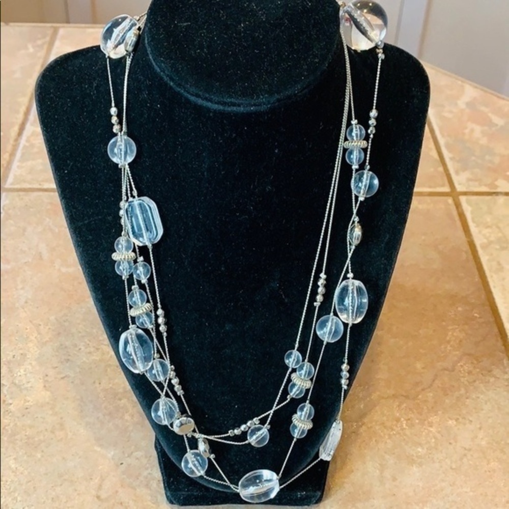 Large glass ball bead station silver tone extra long double strand